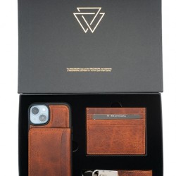 Premium Box Set *iPhone 14 Pro Max Case with Kickstand Card Holder + Leather Keyring + Leather Wallet - Brown Premium Box Set *iPhone 14 Pro Max Case with Kickstand Card Holder + Leather Keyring + Leather Wallet - Brown