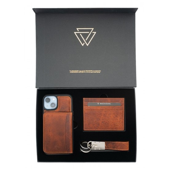 Premium Box Set *iPhone 14/ 14Pro Case with Kickstand Card Holder + Leather Keyring + Leather Wallet - Brown